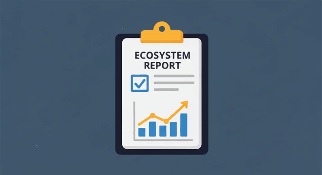 Clipboard showing ecosystem report with charts and rising data visuals.