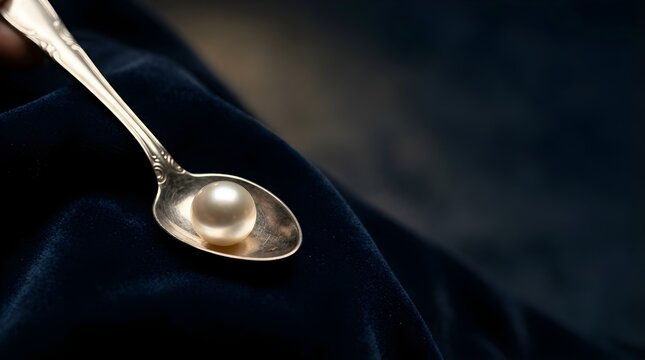 Single shiny white pearl placed on a silver spoon over dark blue velvet