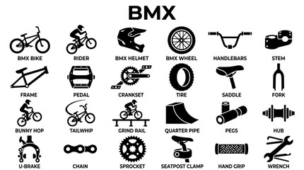 Naklejka premium BMX Bicycle Components and Tricks Illustrated Graphic Collection for Extreme Sports Enthusiasts and Cyclists