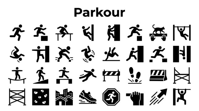 Parkour Silhouette Icons Set Representing Urban Free Running Sports and Athletic Movement Concepts