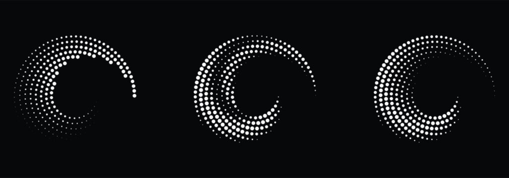 Halftone dots in circle form. Half tones design element. Round dotted frame, circles pattern border and abstract halftone graphic design vector set. Vector illustration.