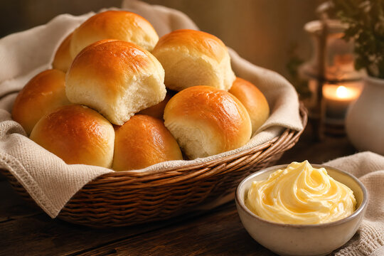 Golden dinner rolls in wicker basket with butter, soft and fluffy Thanksgiving bread