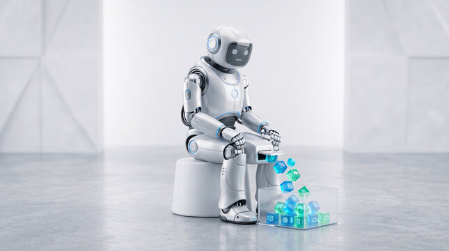 Robot Transportant des Cubes Bleus dans un Environnement Minimaliste