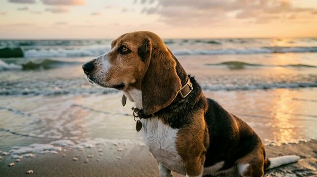 basset hound beagle mix at malibu beach shore golden light close up video