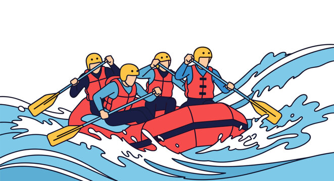 Team rowing a raft through turbulent river rapids with adventure whitewater lifejacket challenge recreation competition movement vacation