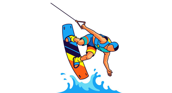 Wakeboarder performing an aerial trick jump over blue water splash vector illustration with wakeboarding wakeboarder illustration recreation