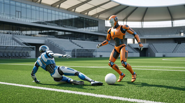 Robot Jouant au Football avec Tacle sur un Terrain de Stade