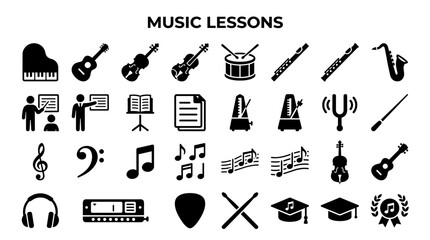 Collection of musical instruments and symbols representing music education and learning opportunities © Iconique Studio