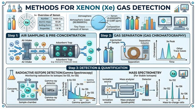 Methods for xenon (Xe) gas detection poster summarizing air sampling and pre‑concentration, chromatographic gas separation, radioactive and electron‑capture detection, and high‑resolution mass spectro