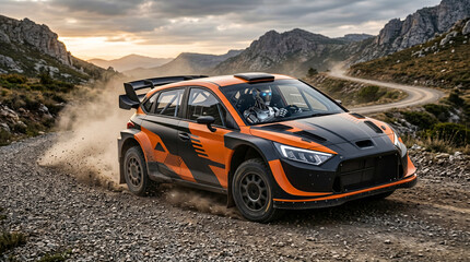 Naklejka premium Voiture de Rallye Pilotée par un Robot sur Route de Montagne