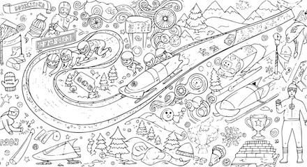 Obraz premium Winter Sports Bobsledding Line Art Coloring Page for Kids