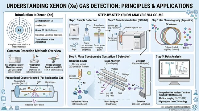 Understanding xenon (Xe) gas detection: principles and applications infographic outlining atomic background, overview of common detectors, and step‑by‑step analytical workflow using gas chromatography