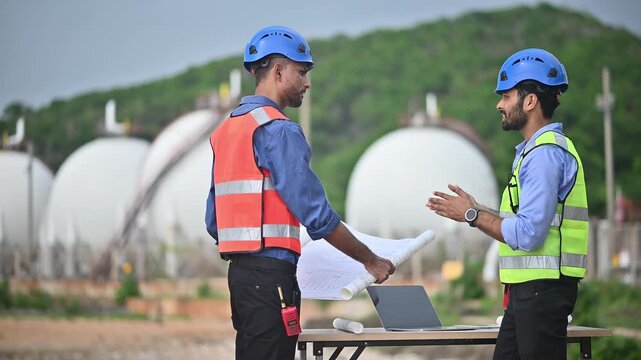 Engineers wearing safety gear, including hard hats examining survey a large blueprint tablet standing industrial facility gas or oil refinery engaged in a job requires high safety standards concept.	