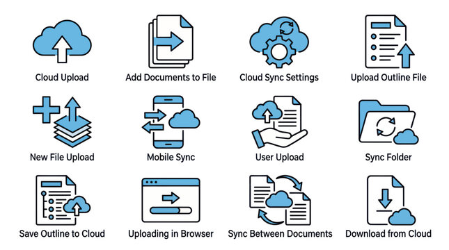 Cloud Computing Icons Set: Upload, Sync, Download, Files, Mobile, Browser, Settings