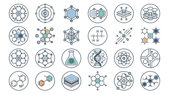 Collection of Chemical and Scientific Icons: Molecules, Atoms, DNA, Lab