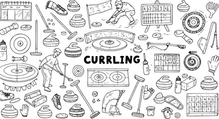 Curling Sport Equipment Black and White Hand Drawn Doodle Set. Winter Game Elements Line Art Vector Collection. © mixeila