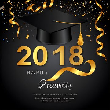 A graduation-themed image with a black cap, gold confetti, and celebratory text on a dark background