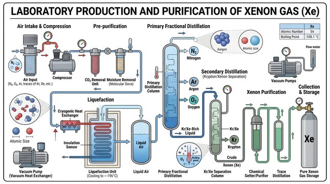 Laboratory production and purification of xenon gas (Xe) process diagram showing air intake, compression and filtration, cryogenic liquefaction, primary and secondary fractional distillation, xenon co