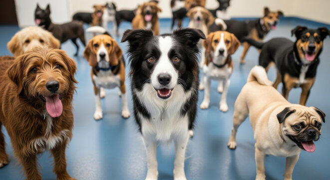 A diverse group of dogs of various breeds and colors standing on a blue floor in an indoor setting, looking at the camera with a mix of expressions.