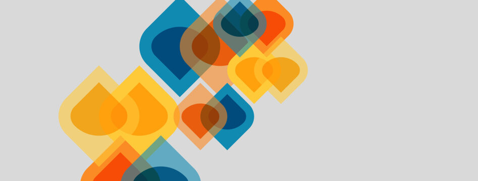 Abstract geometric shapes overlap, creating colorful patterns. Soft hues blend with bolder tones on light gray background.