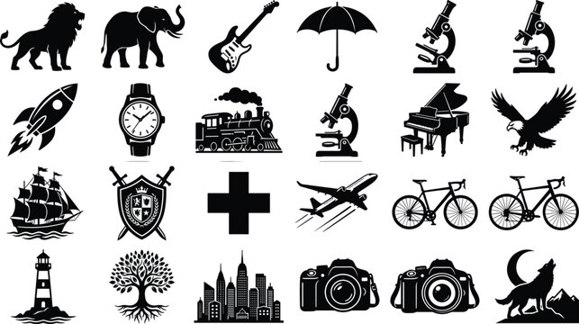 Universal Solid Silhouette Icon Vector Set Featuring Lion Elephant Electric Guitar Rocket Locomotive Microscope Grand Piano Eagle and Sailing Ship Symbols for Branding