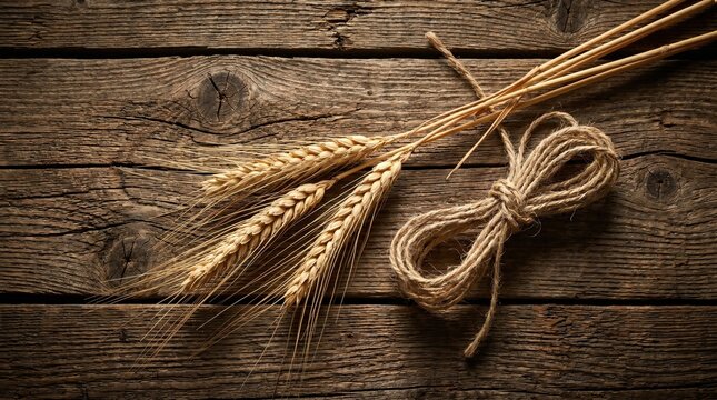 Wheat ears and twine on rustic wooden table top view