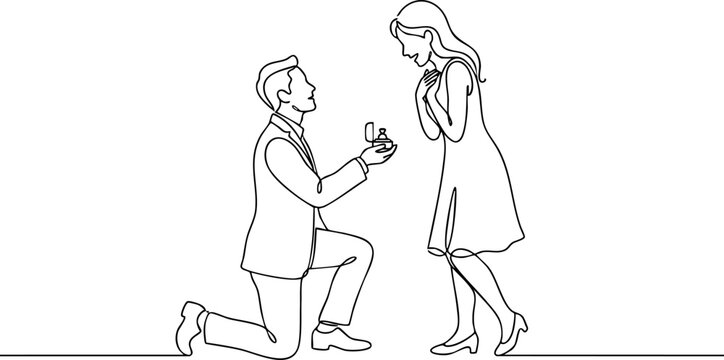 Minimalist continuous line art drawing of a man kneeling proposing marriage to his girlfriend