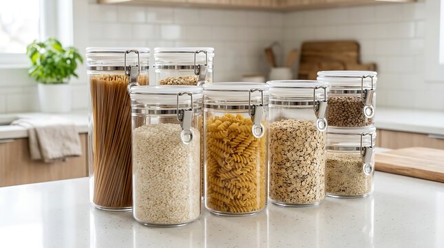 Set of clear glass storage jars with airtight lids containing various dry food ingredients on kitchen counter. humidity sealed containers