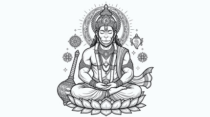 Obraz premium Lord Hanuman Meditation, Hindu Deity, Monkey God, Yoga Pose, Spiritual Illustration