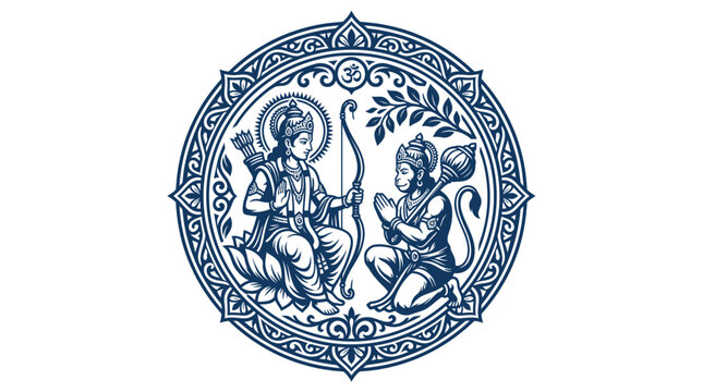 Lord Rama and Hanuman in circular emblem, Hindu mythology art