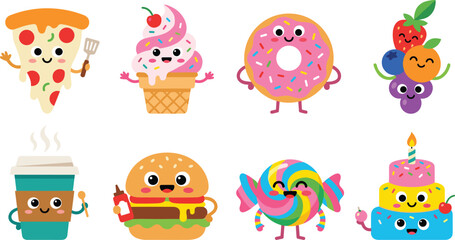 Fototapeta premium Cartoon Food Illustrations Featuring Pizza, Ice Cream, Donut, Fruits and Birthday Cake