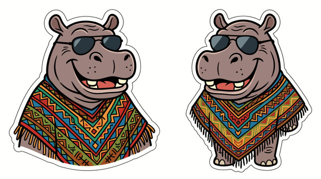 Two cute cartoon hippos wearing sunglasses and colorful traditional ponchos isolated on white background.