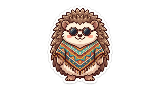 Cute cartoon hedgehog character wearing sunglasses and a colorful patterned poncho sticker design.