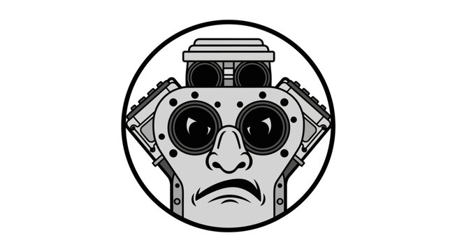Grumpy Robot Face Emblem - Sci-Fi Character Illustration