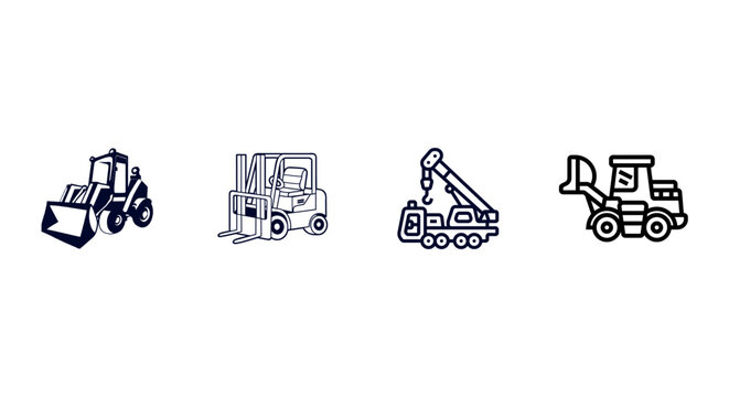 Vector icons of various heavy construction machines and equipment