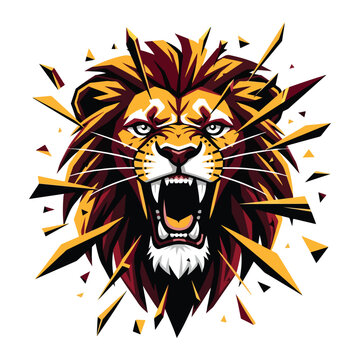 Fierce Roaring Lion Head Exploding with Geometric Shards - Powerful Animalistic Illustration