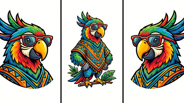 Colorful cartoon parrots wearing sunglasses and traditional patterned ponchos in a set.