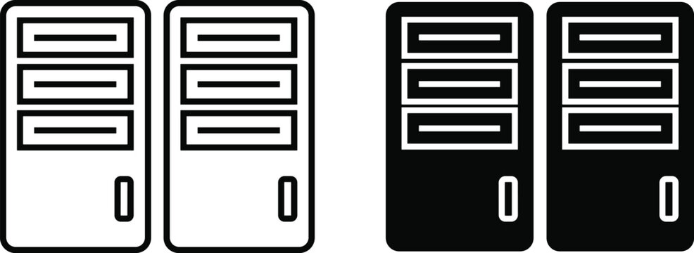 Data center server vector icons set featuring computer tower database hardware outline and solid glyph designs