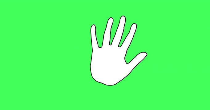 Cartoonish Human like waving hand animation.  Welcomeing gesture with gratitude, outline hand icon gif in chroma key. Hello outline hand motion graphic. A hand sign of greeting or goodbye. 

