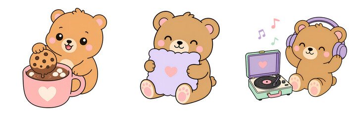 Fototapeta premium Cute bear cartoon pastel cookie hot chocolate pillow music headphones vinyl kawaii happy cozy sweet animal illustration pink brown adorable child