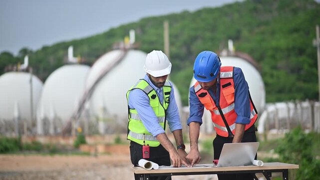 Engineers wearing safety gear, including hard hats examining survey a large blueprint tablet standing industrial facility gas or oil refinery engaged in a job requires high safety standards concept.	