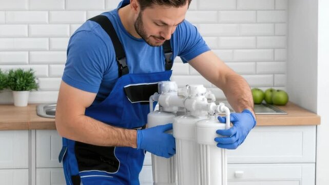 Professional male technician installing water filtration system under kitchen sink wearing blue uniform and gloves performing maintenance work