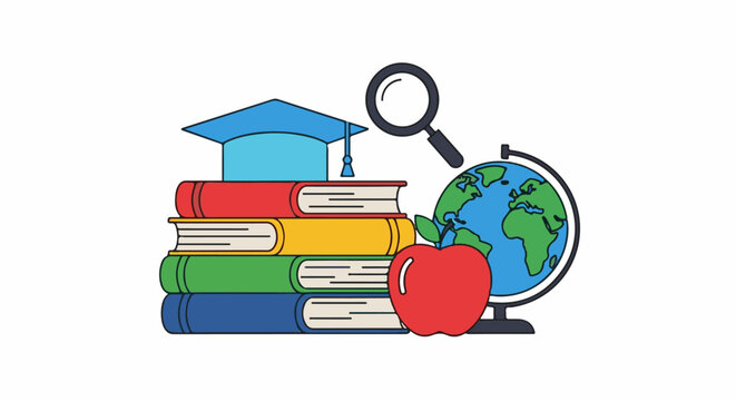 A colorful illustration of educational items including books, a graduation cap, a magnifying glass, a globe, and an apple
