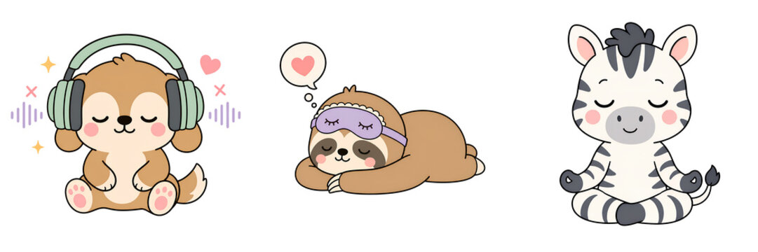 Cute animal cartoon dog headphone sloth sleep mask zebra meditation relaxed peaceful mental care pastel kawaii vector illustration happiness
