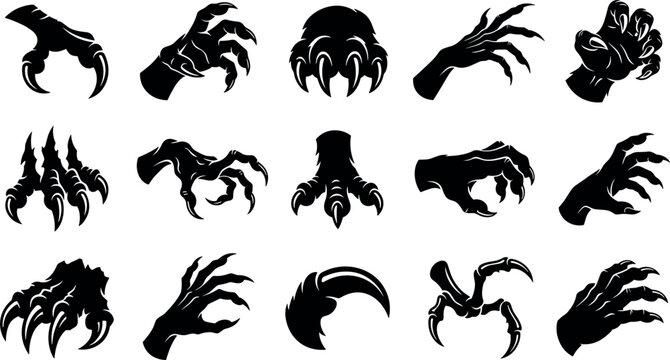 Set of Black Monster Claw Silhouettes with Sharp Talons, Creepy Creature Hands and Horror Fantasy Halloween Design Elements