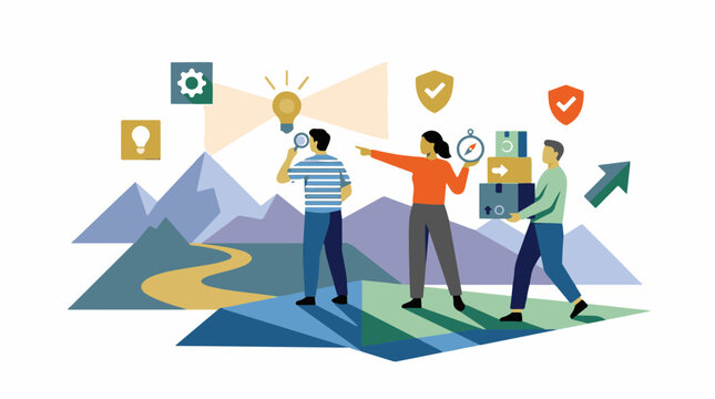 A colorful illustration of three people standing on a mountainous landscape with a winding road, surrounded by various symbols and icons