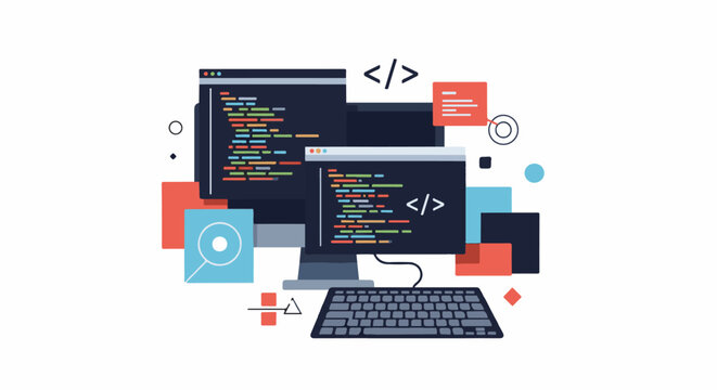 A colorful illustration of two computer monitors displaying code
