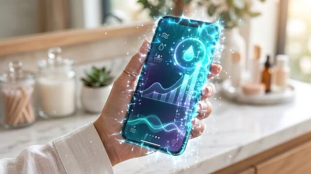 Hydration tracking UI futuristic smartphone digital health glowing interface water intake wellness technology mobile app modern hand lifestyle home, hydration tracking UI smartphone hand modern