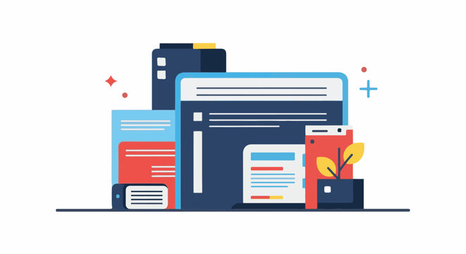 A colorful illustration of various devices and documents stacked