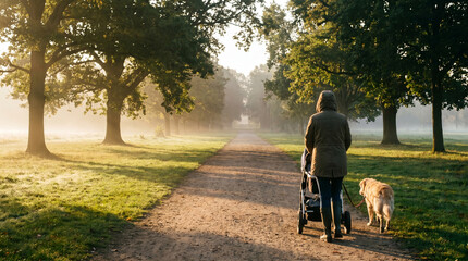 Naklejka premium Person in hooded coat from behind, pushing baby stroller and walking golden retriever dog on leash, moving along dirt path, foggy public park in golden morning light, outdoor lifestyle photography